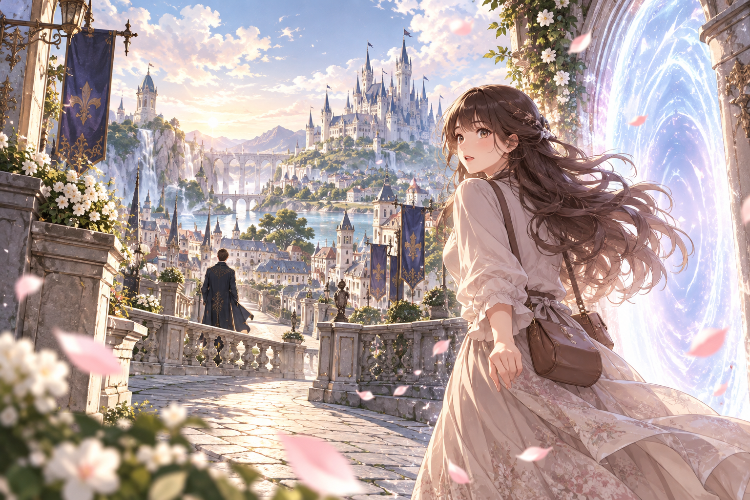魔法の光の向こうに異世界の城が広がるイメージイラスト